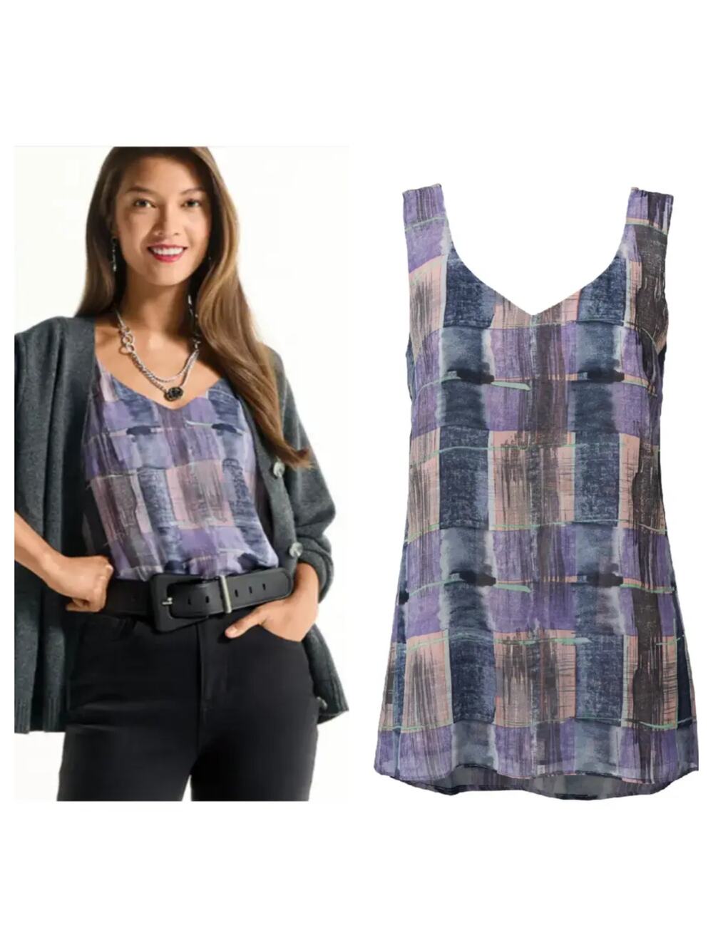 [CAbi] Quiz Top #4361 Purple Abstract Plaid Sleeveless V-Neck Blouse Sz Small S